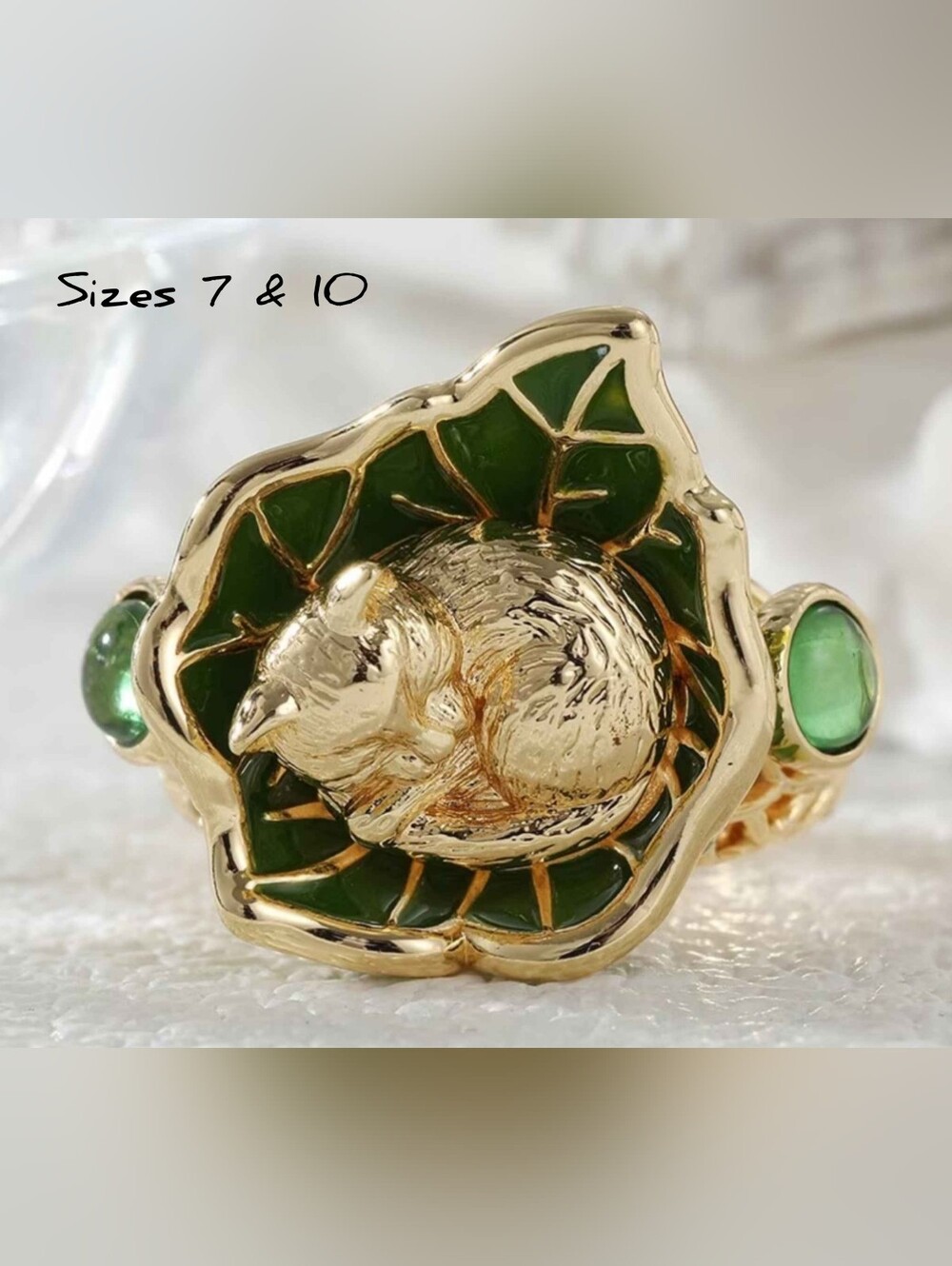 Adorable 'Resting Cat' enamel & CZ ring, Szs. 7 & 10